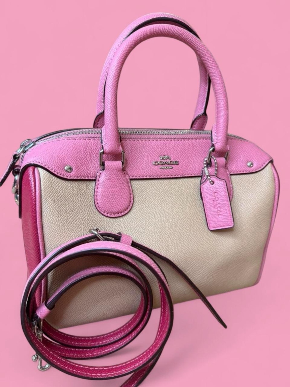 Coach Mini Bennett Satchel Pink Beige Crossbody Colorblock Leather 👛 Authentic 💕